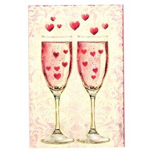 Champagne Glasses Hearts Romantic Art Postcard Love Vintage Style Pink White
